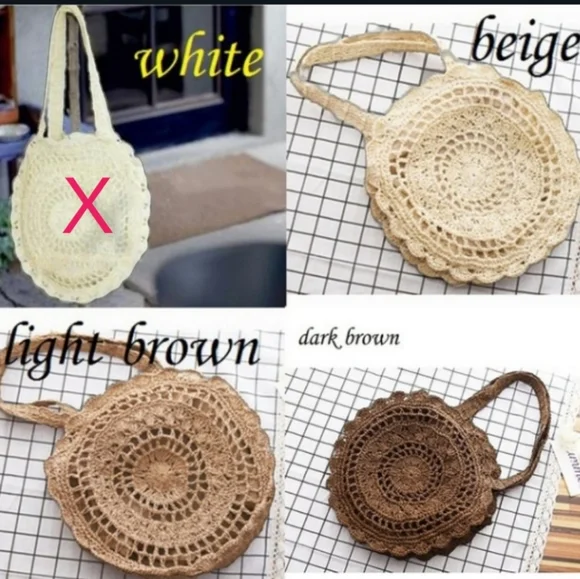 SALE Circle Handmade Crochet Shoulder Tote Bag Lined Zipper Light Brown Boho - Picture 5 of 13
